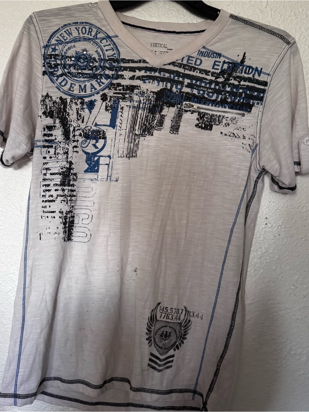 Men's V-Neck Graphic Tee - White with Blue & Black Print